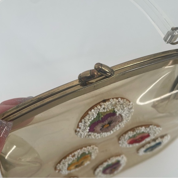 Vintage Lucite Handle Clear Plastic 40s/50s Handbag With Flowers & Beads - Picture 9 of 12